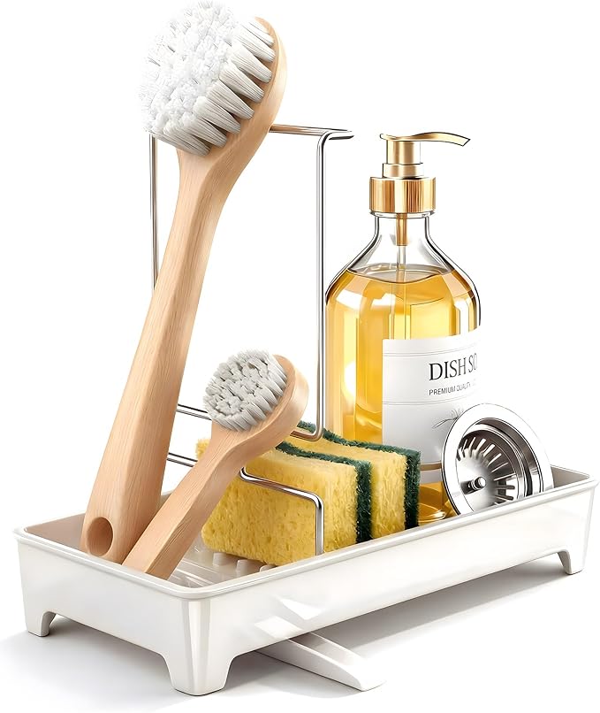 Plastic Sink Caddy, Rustproof Sponge Holder for Kitchen Sink with 304 Stainless-Steel Brush Holder, Countertop Rack Organizer with Raised Ridges & Silicone Drain Tube (Cream White, Large)