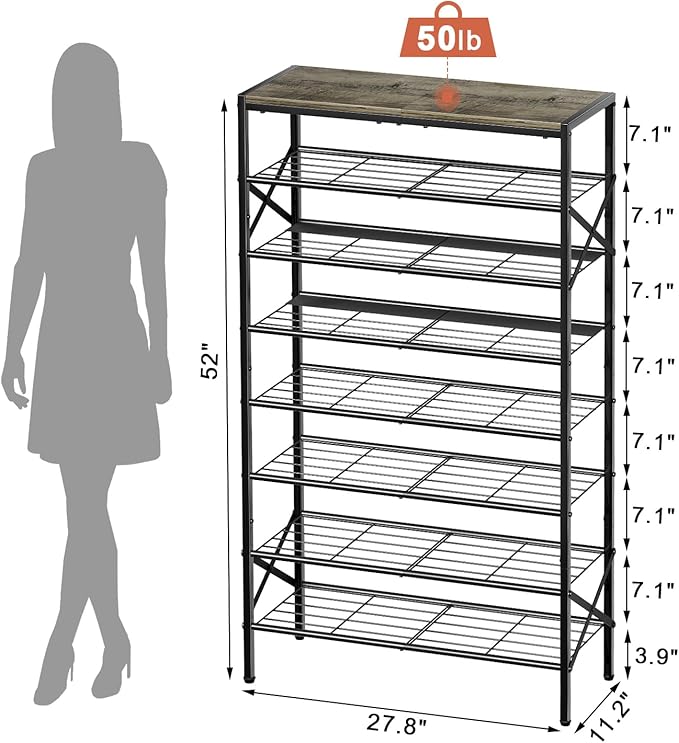 8-Tier Tall Shoe Rack Organizer Shoe Storage for Entryway 24-32 Pairs Metal Shoe Rack for Closet Heavy-Duty Shoe Rack with Wooden Top Shelf for Garage Gray