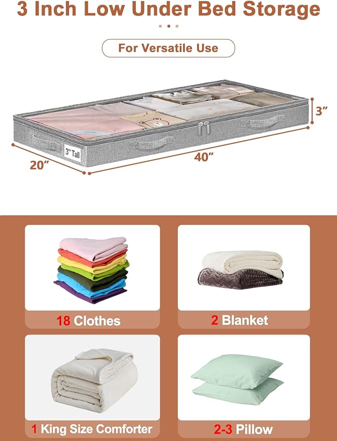 punemi 3 Inch Low Profile Under Bed Storage Bins with NO STURCTURE Design, Shallow Clothes Storage Bags with Clear Lids - Fits Under Sofa, Couch, Dorm, or College Beds, 40x20x3inch, 2 Pack, Grey