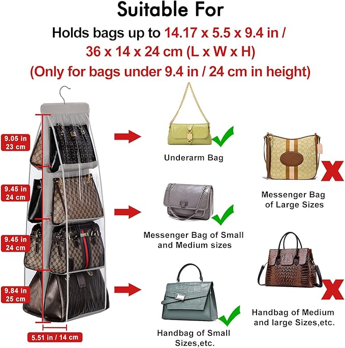 Lirex Handbag Hanging Purse Organizer for Closet, 8 Pocket Handbag Storage Organizer Hanger Oxford Cloth Closet Organizer for Family Closet Bedroom, Foldable and Universal Fit, Dark Grey