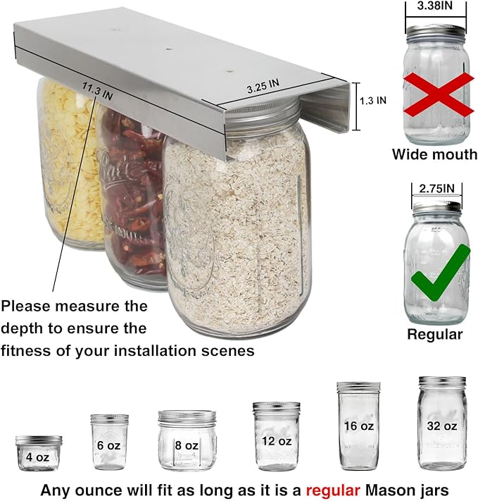 lopeztek Mason Jar Organizer, Canning Rack for 4 8 12 16 24 32 64 oz, Under Cabinet and Pantry Food Storage Hanger Accessories(2Pcs-Regular-Long)