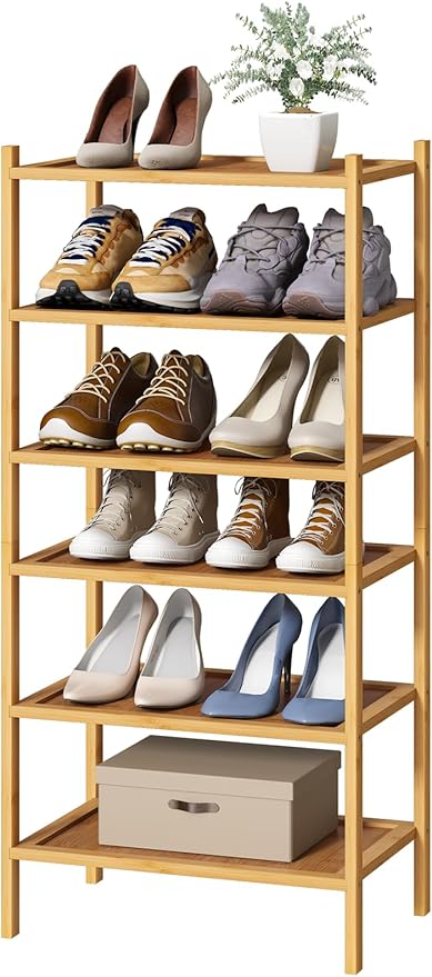 kiplant 6-Tier Small Bamboo Shoe Rack for Entryway, Stackable | Foldable | Natural, Shoe Organizer for Hallway Closet, Free Standing Shoe Racks for Indoor Outdoor