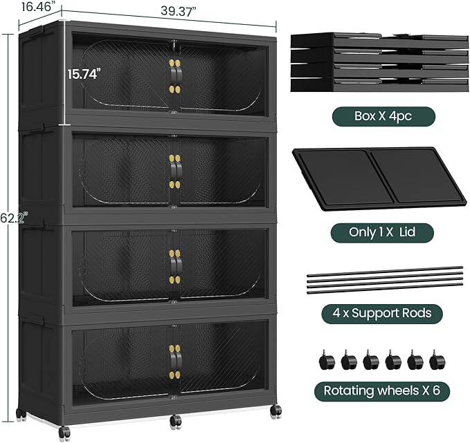 320Gal/1280QT 4-Tiers Extra Large Stackable Storage Bins with Lid, Collapsible Cabinet Closet Organizer Plastic Container Box with Wheels Doors Drawers for Office Dorm Kitchen, Black