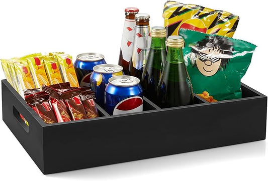 DRASTAR Pantry Organization and Storage Bins, Large Snack Organizer with Removable Dividers, Wooden Storage Caddy for Kitchen, Pantry, Cabinet, Countertop, Black