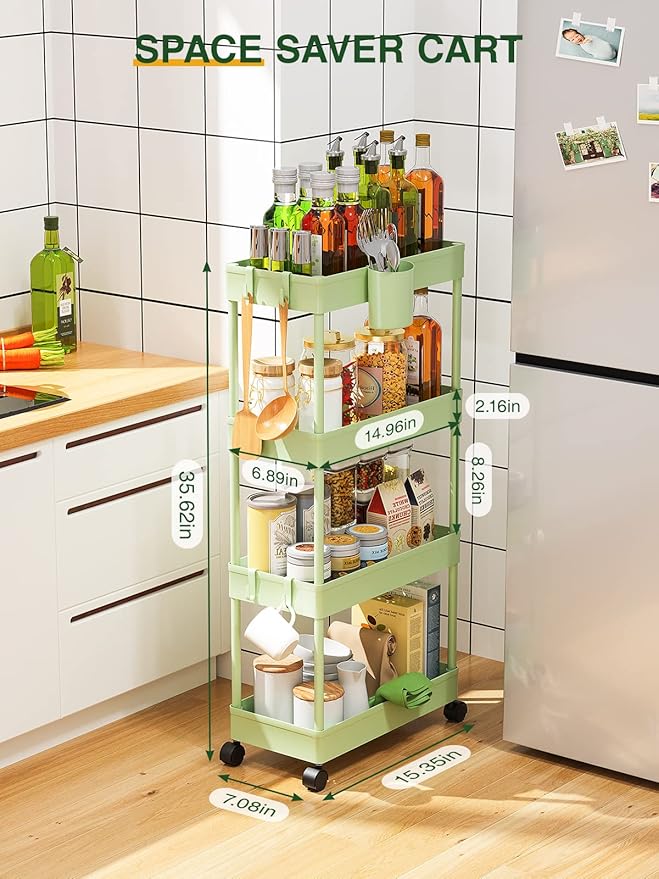 Slim Rolling Storage Cart, 7.1" W+Green