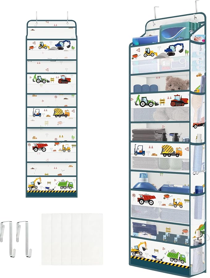 Clastyle Car Over the Door Organizer Nursery Hanging Storage Organizer for Boys Clothes Diaper Toy Closet Door Hanging Shelf Storage for Bedroom Bathroom Pantry, Construction Vehicle, 5-Tier