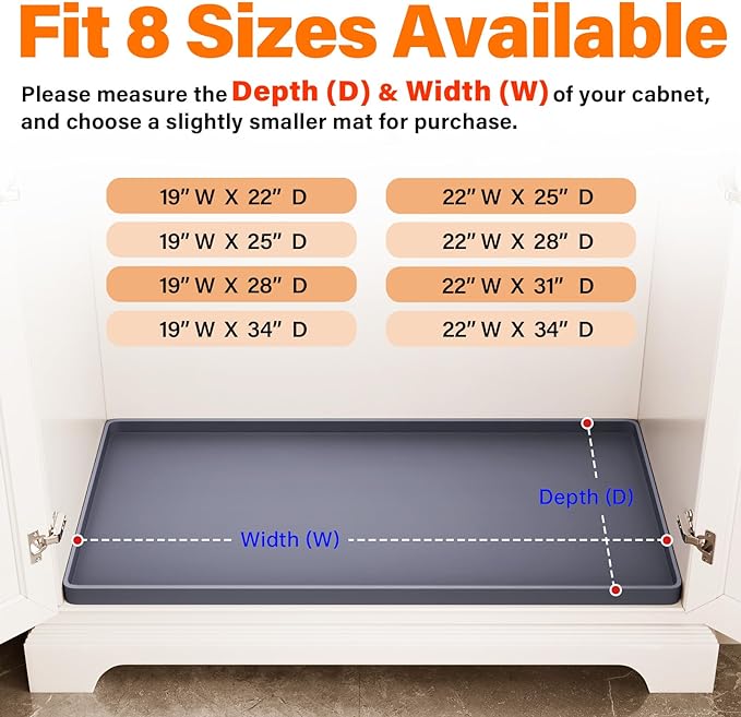 FLATO Waterproof Under Sink Mat 40" x 22" Shelf Liner for Kitchen and Bathroom, Cabinet Protector, Organizers and Storage, Flexible Silicone Drip Tray
