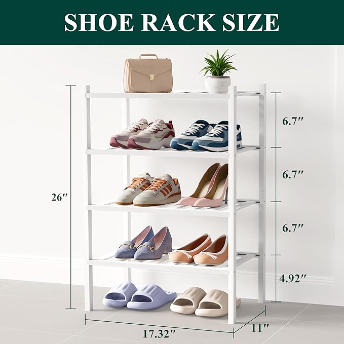 Smiry Bamboo Shoe Rack for Closet, 4 Tier Small Wooden Shoe Organizer, Stackable Wood Shoe Storage Shelf for Entryway, 14 Vertical Slats, 2+2 Stack Heavy-Duty Legs, 17.32"x11.02"x25.98", White