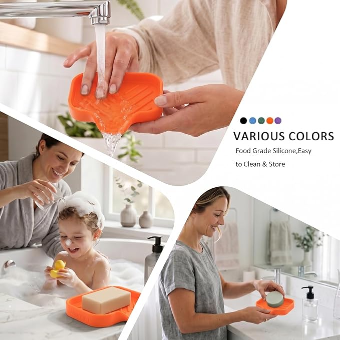 MicoYang Silicone Soap Dish with Drain Spout — Self-Draining Sink Organizer Tray for Bathroom & Kitchen, Holds Bar Soap, Sponges & Dispensers, Non-Slip & Dishwasher Safe, Orange (Small, 4.9"×3.2")