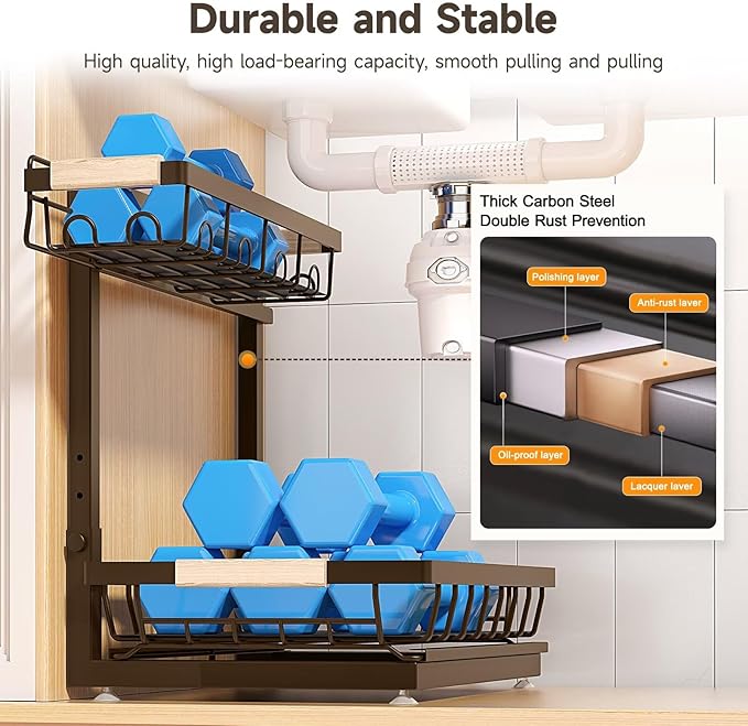 Sevenblue 2 Packs Under Sink Organizer, Height Adjustable 2 Tier Under Kitchen Sink Organizer, Multi-Purpose Storage Shelf for Kitchen Bathroom Cabinet