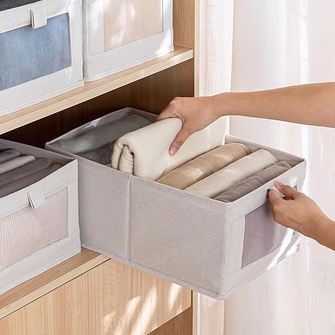 Pradnel Linen Closet Organizers And Storage, 4 Pack Storage Bins Baskets for Organization Foldable Organizer with Clear Window Organizing Clothing, Jeans, Shelves