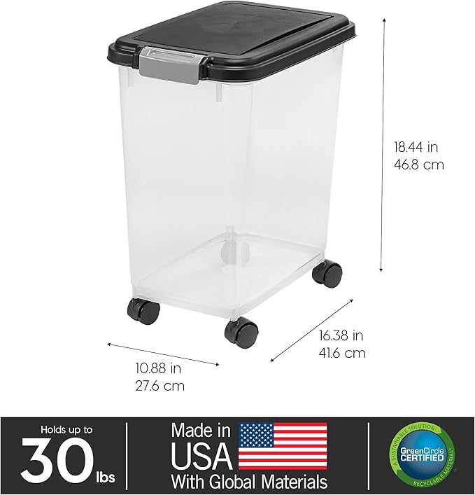 USA Airtight Dog Food Storage Container, Up to 30 lbs, Attachable Wheels, Black