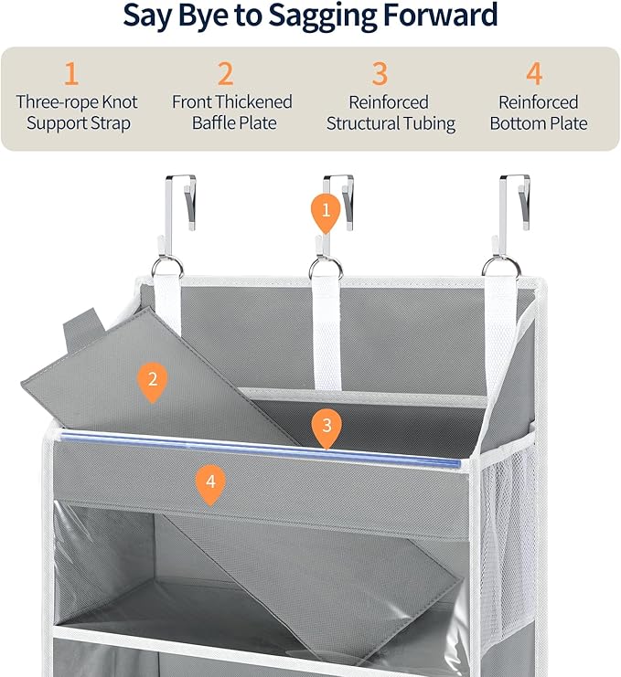 Yecaye Over the Door Organizer 5 Tiers, Heavy Duty Hanging Storage with 5 Large Clear PVC Pockets and 10 Side Pockets, 56lbs Capacity for Closet Door Bathroom Bedroom Nursery Dorm Laundry Room, Grey