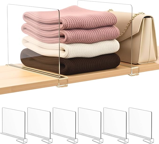 SortNStore Shelf Dividers Purse Organizer for Closet: 6-pack Acrylic Bag Storage Organizer for Handbags, Clutches, Clothes, Sweater, Towel on Wood Shelves