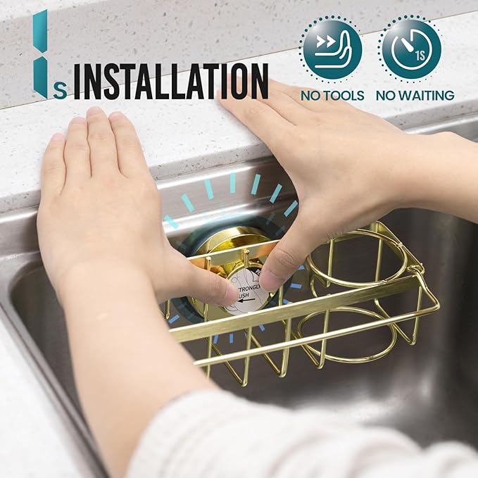 Sponge Holder with Strong Suction Cup, Stoppers & Scrapers -Gold