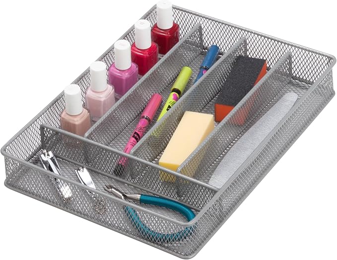 KCH-02154 Steel Mesh 5-Compartment Cutlery Utensil Organizer, Silver