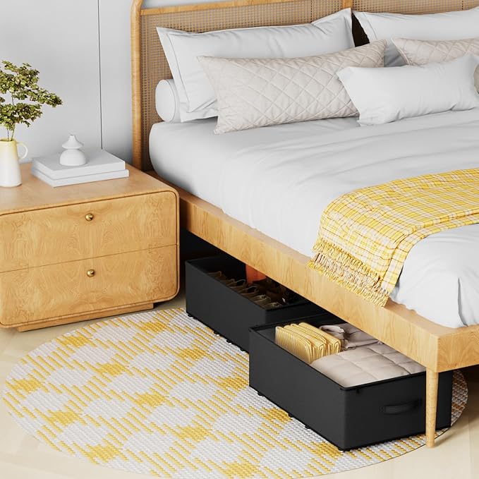 Under Bed Storage with Wheels,Under Bed Shoe Storage Organizers,Underbed Storage Bins,Rolling Under the Bed Storage Containers for Shoes Clothes in Dorm Bedroom,2 Pack（Black）