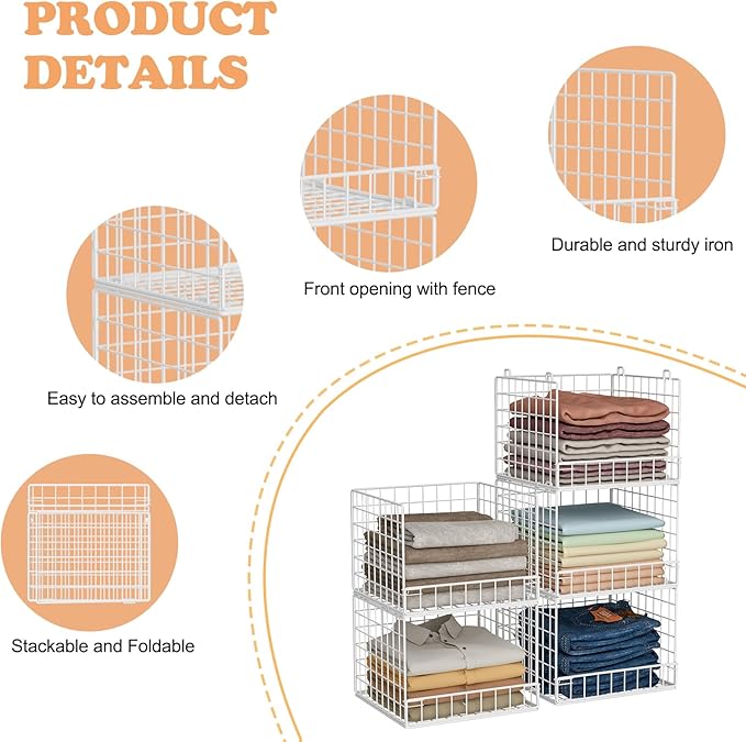 5-Tier Stackable Closet Organizers and Storage Baskets, Closet Shelf Organizer, Space-Saving closet organizer system, Foldable Clothes Storage Bins for Closet Organizer System, White(Patent 30022416)