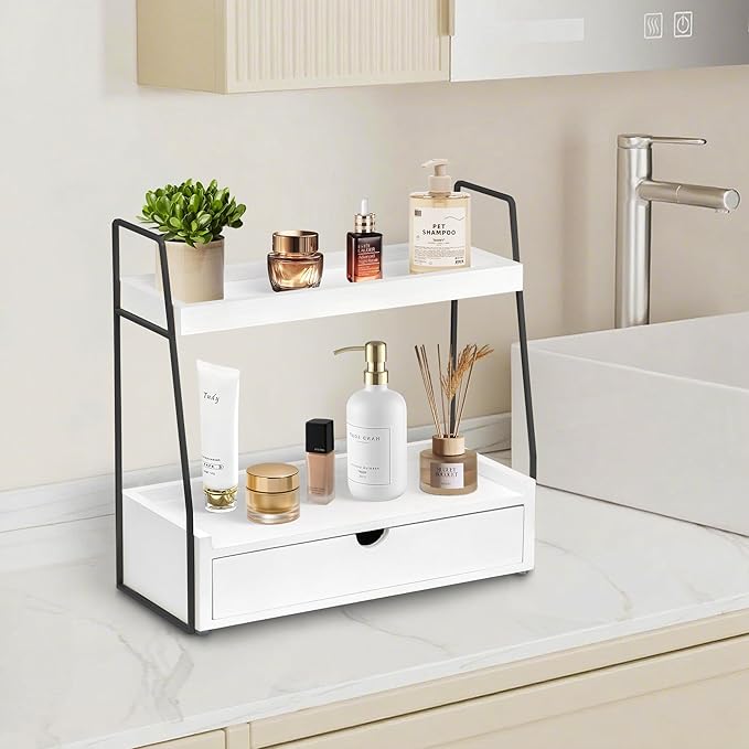 2-Tier Bathroom Organizer Countertop with Drawer, Wood Counter Organizer for Bathroom Decor, Sink Shelf for Vanity Storage, Makeup Tray for Perfume Skincare, Spice Rack Bedroom Kitchen Corner ﻿