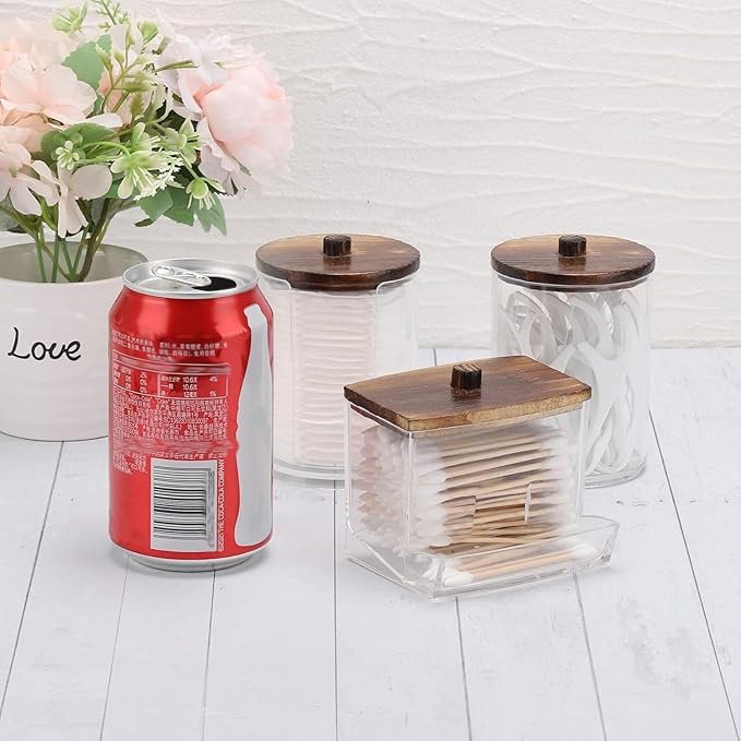 Bathroom Organizer Accessories Set-10 OZ Qtips Holder Storage with Wood Lids