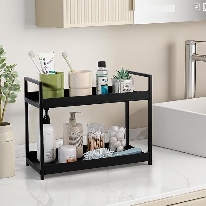 Bathroom Counter Organizer 2 Tier Vanity Storage Countertop Shelf Makeup Organizer Perfume Tray Skincare Holder for Sink, Dresser, Kitchen, Large Black