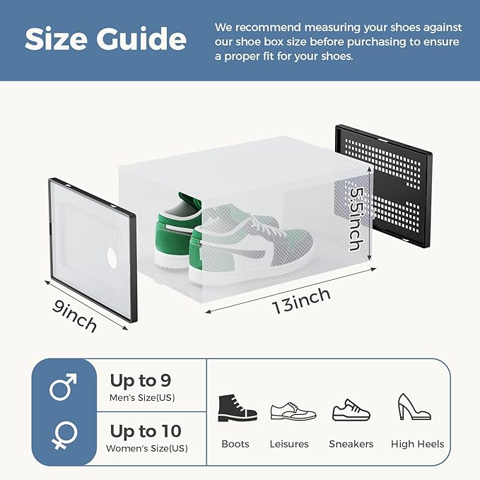 DUMOS Shoe Storage Boxes, 12-Pack Stackable Clear Shoe Containers with Lids, Display Sneaker Case Organizer for Closet, Under Bed, Entryway,Black, Fit Size 9