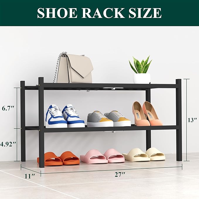 Smiry Bamboo Shoe Rack, 2 Tier Free Standing Wooden Shoe Organizer, Stackable Wood Shoe Storage Shelf for Closet, Entryway, 14 Vertical Slats, One-piece Heavy-Duty Legs, 26.8"x11"x13", Black