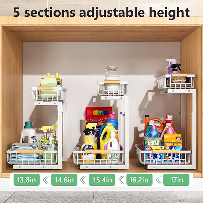Merrylun Under Sink Organizers,5 Adjustable Height，Metal Pull Out Under Sink Organizers and Storage Shelves with Sliding Drawer 2 pack, White
