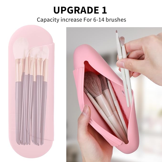 AGIKET Silicone Makeup Brush Holder Travel Cosmetic Bag：Soft Portable Cosmetic Face Brushes Holder with Upgrade Anti-Fall Out Magnetic Closure, Large Travel Makeup Brush Case - Pink