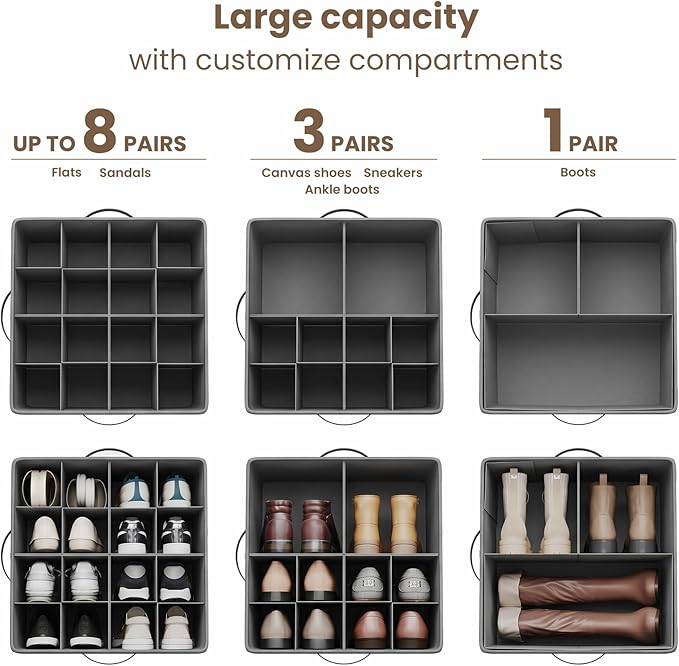 Varhomax Foldable Shoe Organizer Box, Fabric Storage Bin with Clear Cover & Adjustable Dividers, Holds up 16-32 Pairs of Sneakers & Sandals for Closet, Entryway (Gray)