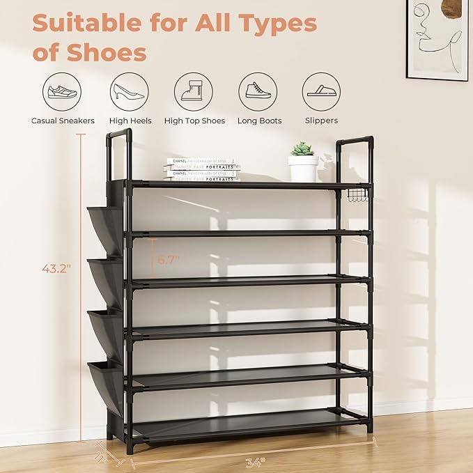 LANTEFUL 6 Tier Shoe Rack, Shoe Organizer Storage for 24-30 Pairs Shoe and Boot, Long Shoe Shelf with Hook and Side Pocket Free Standing Tall Shoe Rack Organizer for Closet, Entryway, Dorm