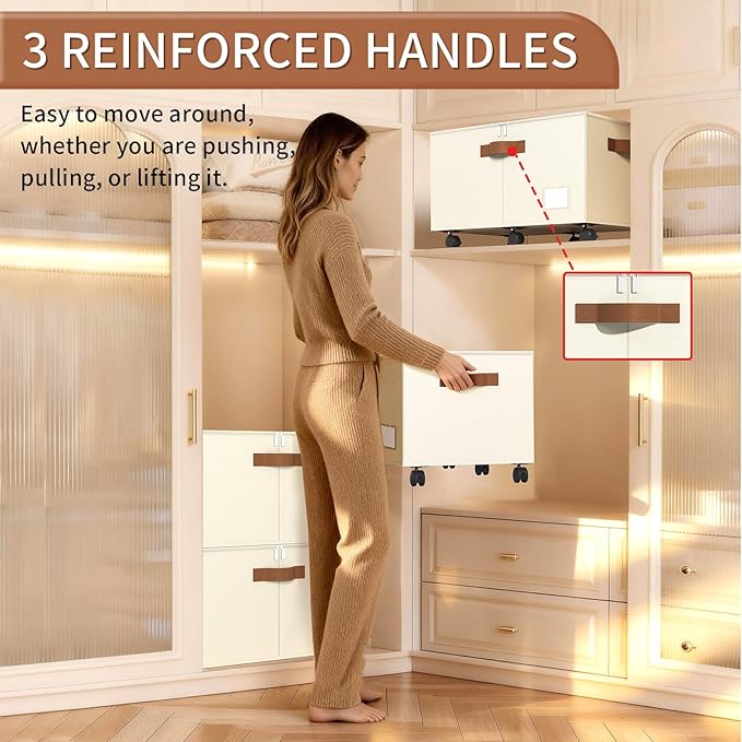 Foyego Shoe Organizer for Closet, Shoe Storage Organizer with Wheels and Adjustable Dividers, Stackable Shoe Storage Box with Clear Cover, Foldable Closet Shoe Organizer Fits up to 24-48 Pairs, Beige