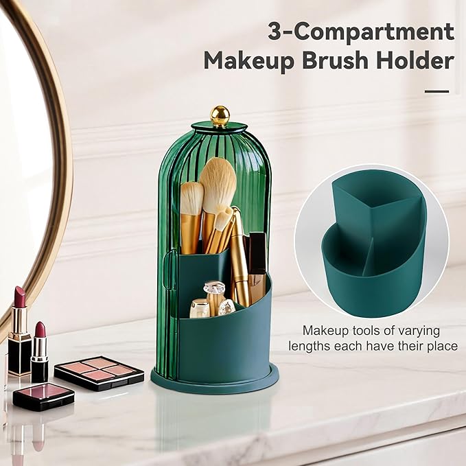 360° Rotating Makeup Brush Holder with Lid, Green