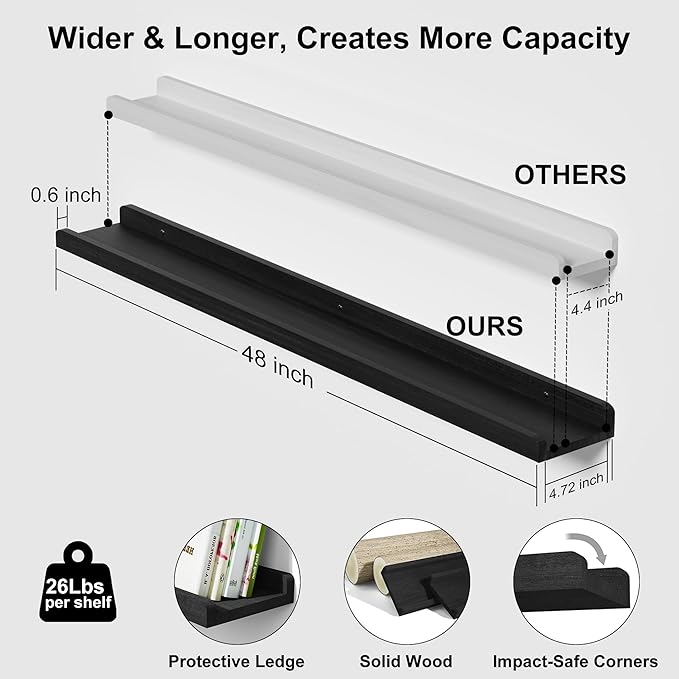 Love-KANKEI 48 Inch Long Floating Shelves Wall Mounted Set of 2, Large Wood Wall Shelves for Storage, Rustic Hanging Shelves for Display,Bedroom Living Room Bathroom Kitchen Office Black