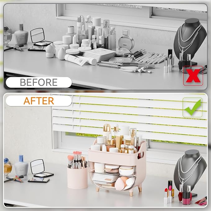 Yieach Pink Make up Organizers for Counter,Vanity and Dresser,Bathroom Makeup Organizer Countertop,Large Makeup Storage Organizer for Hair Tool,Beauty Products,Skin Care and Cosmetic Display Cases