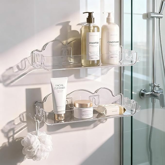2 Pack Acrylic Shower Caddy No Drilling Adhesive Shower Shelves with 4 Removable