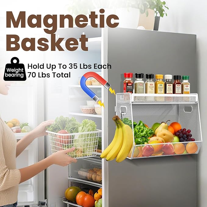1 SET Magnetic Shelf for Fridge with Lid, Fruit Potato and Onion Storage Bins, Pantry Organizers and Storage, Large Container Magnetic Spice Rack for Refrigerator, Kitchen Counter & Cabinet