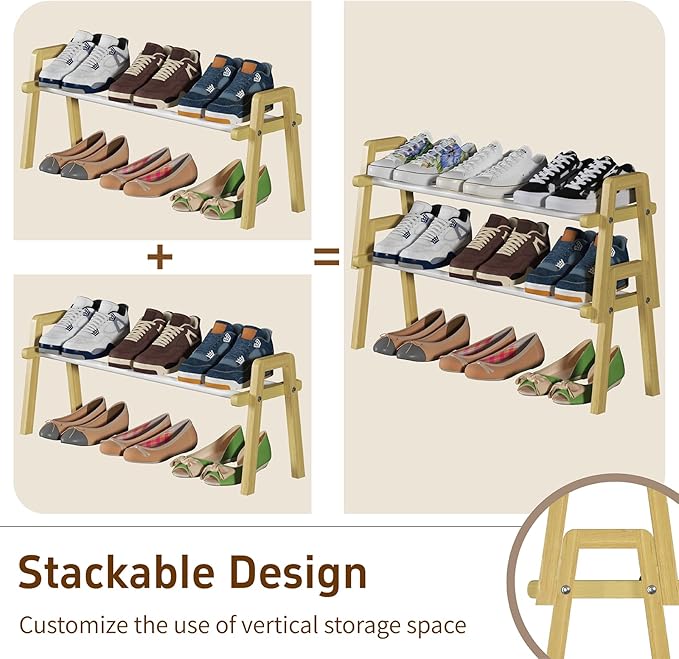 1-Tier Bamboo Shoe Rack Stackable, Shoe Organizer for Entryway and Closet, Modular Small Shoe Storage Shelf, Space-Saving Free Standing, Holds 4-6 Pairs of Shoes, Natural