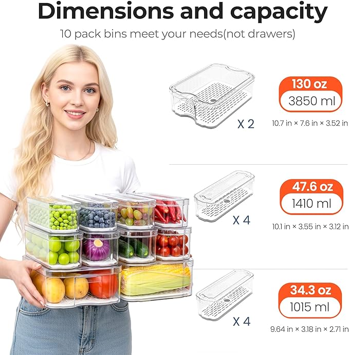 SMRCAD 10 Pack Refrigerator Organizers, Clear Container and Organizer Bins with Lids, Stackable Storage Containers for Fruits, Vegetable (Set of 10)