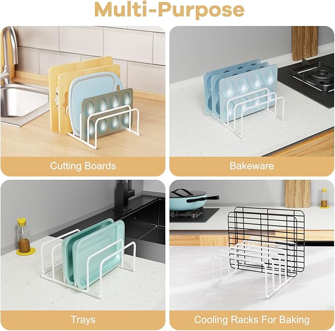 Fikoksol Cutting Board Organizer and Baking Sheet Rack, [2-Pack] White Heavy Duty Metal Cookie Sheet Organizer for Cutting Board Storage & Plate Holder for Cabinet, Tray Dividers for Cabinets