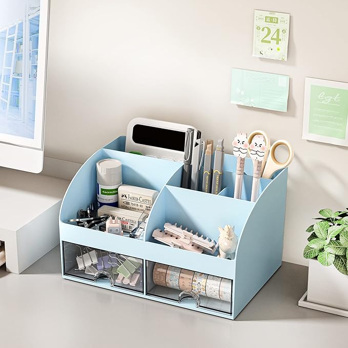 Desk Organizer with 6 Compartments and 2 Drawers, Plastic Makeup Organizer, Blue