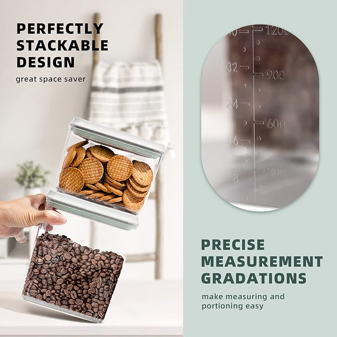 Airtight Food Storage Containers, 5 PCS Clear Pantry Organizers, BPA-Free Stackable Canisters with Measurement Marks & Pop-Top Lids for Cereal, Flour, Sugar, Rice, Pasta & Dry Food