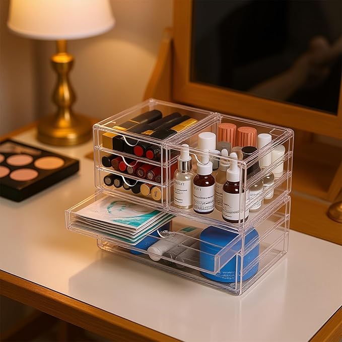 Acrylic Makeup Organizer with 6 Drawers, 11" Stackable Office Desk Organizer Accessories, Clear Bathroom Storage Drawers for Makeup Palettes, Cosmetics, Vanity, Art Craft Supplies