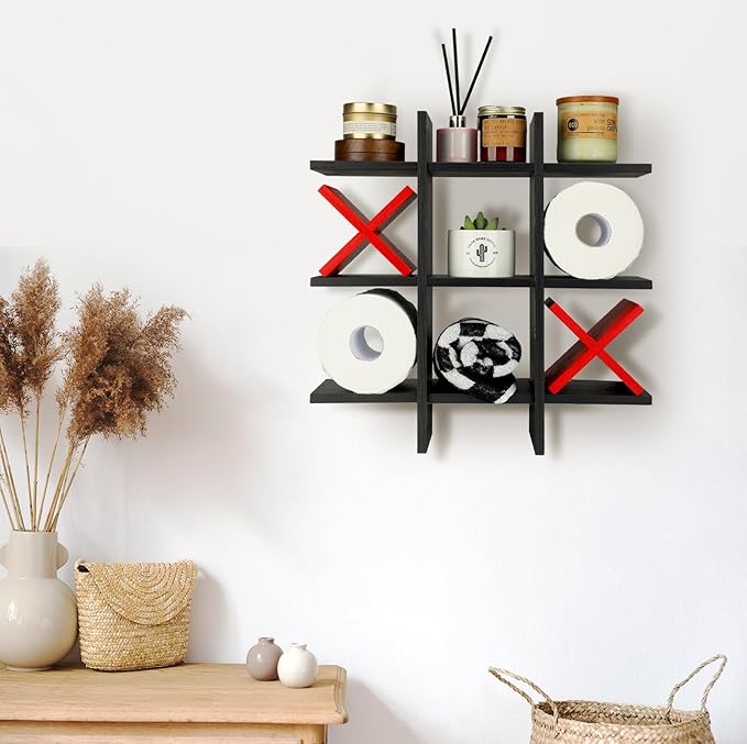 Weysat Tic Tac Toe Toilet Paper Holder Stand Bathroom Wall Decor Rustic Wooden Hanging Storage Freestanding Wall Mounted Shelves Decor for Toilet Tissue Farmhouse