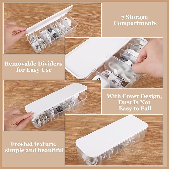 Cable Organizer Box with Lid, 3 Pcs Cable Cord Storage Organizer Box with 21 Wire Ties 54 Cable Labels, 7 Compartments Charger Organizer for Office Drawer Desk Accessories Case