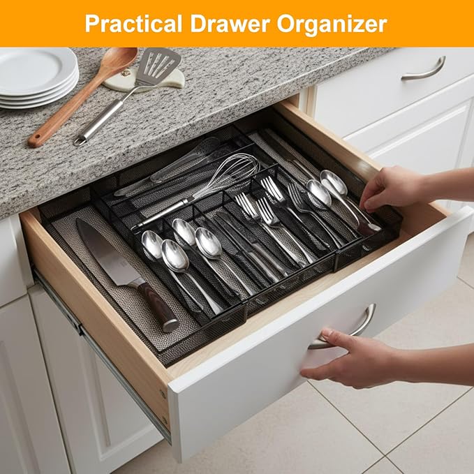 1 Pcs Utensil Drawer Silverware Organizer, Metal Mesh Expandable 13" ~24" Kitchen Drawer Organizer, 7-9 Slots Cutlery Tray Dividers for Kitchen Flatware Christmas Housewarming Gift (Black)