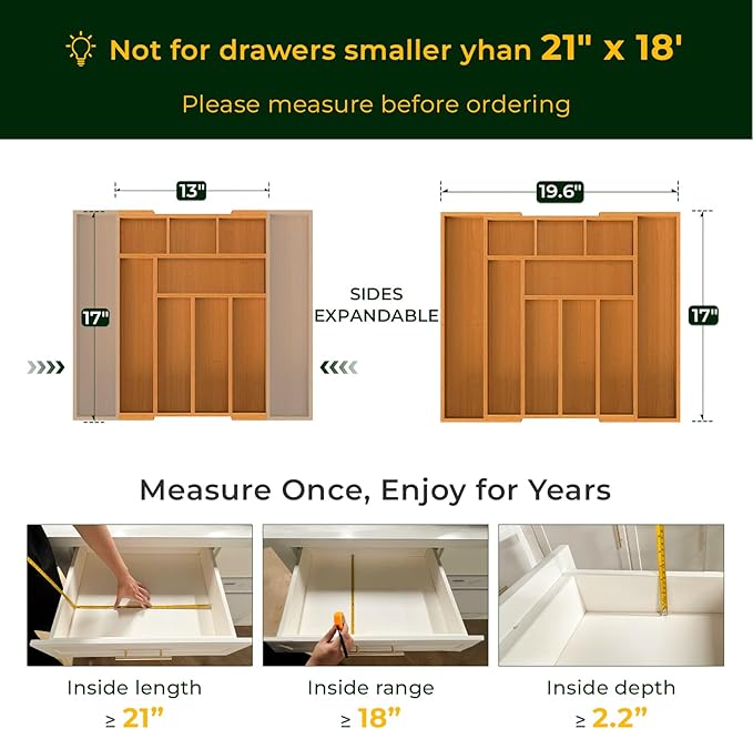 6-Piece Bamboo Drawer Organizer Set, 2.2" Deep Multi-Use Organizers for Utensils