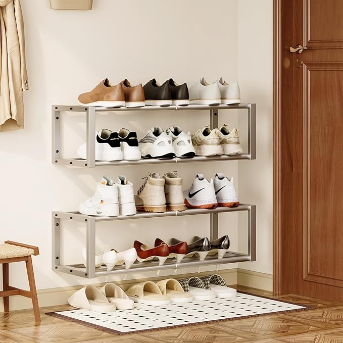 Hanging Shoe Organizer, 2 Pack Wall Mounted Shoe Rack Holds 12 Pairs, Silver