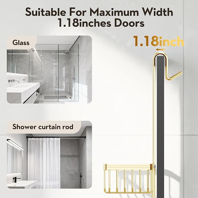 Over the Door Shower Caddy Hanging With Double Soap Holder Never Rust Aluminum Shower Shelf With 4 Hooks Hanging Bathroom Organizer No Drilling Shelves for Bathroom Storage Gold