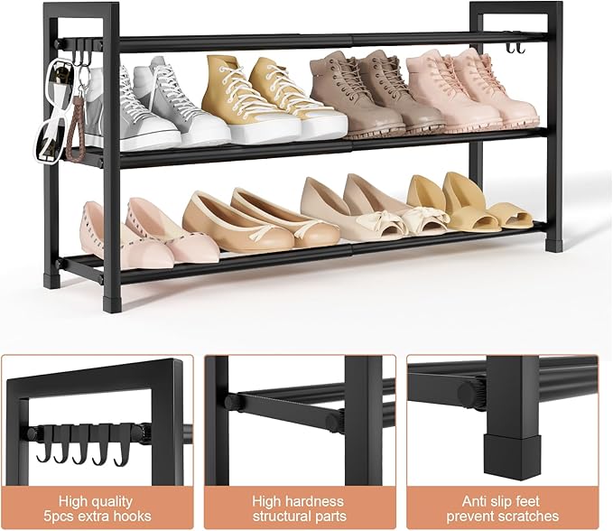 Expandable Shoe Rack for Closet, Bedroom with 5 Hooks